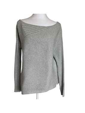 Milly Women’s Asymmetric Sweater Boat Neck Ribbed Pullover Silver Size L